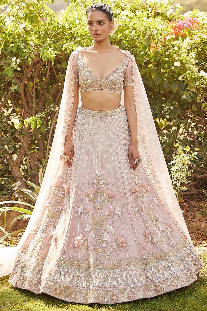 Palermo Pink Tulle Hand Beaded Work Bridal Lehenga Set by Mansi Malhotra at Pernia's Pop Up Shop