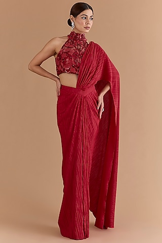 Red Crepe & Net Concept Saree Set by Mansi Malhotra