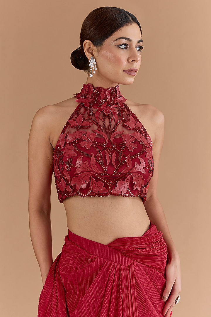 Red Crepe & Net Concept Wedding Saree Set by Mansi Malhotra at Pernia's Pop Up Shop