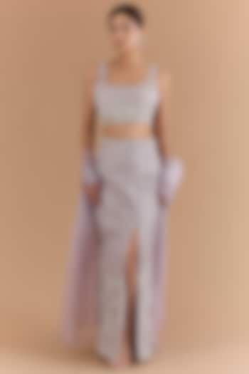 Lavender Net & Satin Hand Embroidered Skirt Set by Mansi Malhotra at Pernia's Pop Up Shop