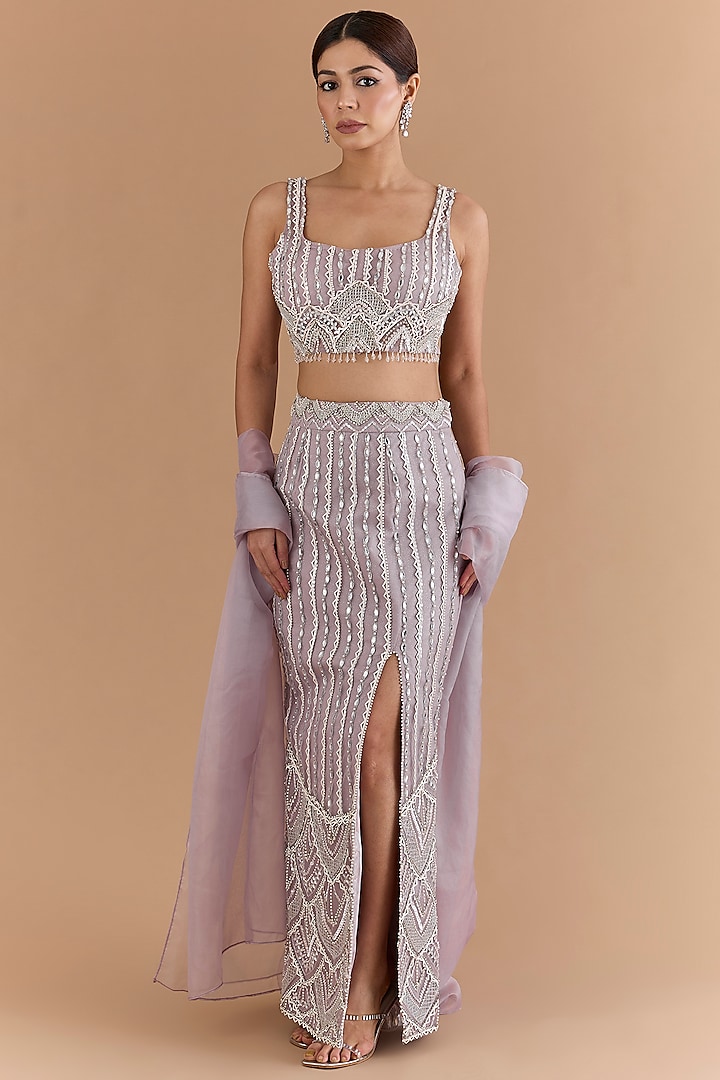 Lavender Net & Satin Hand Embroidered Skirt Set by Mansi Malhotra at Pernia's Pop Up Shop