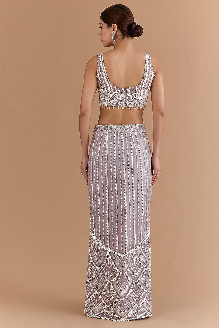 Lavender Net & Satin Hand Embroidered Skirt Set by Mansi Malhotra at Pernia's Pop Up Shop