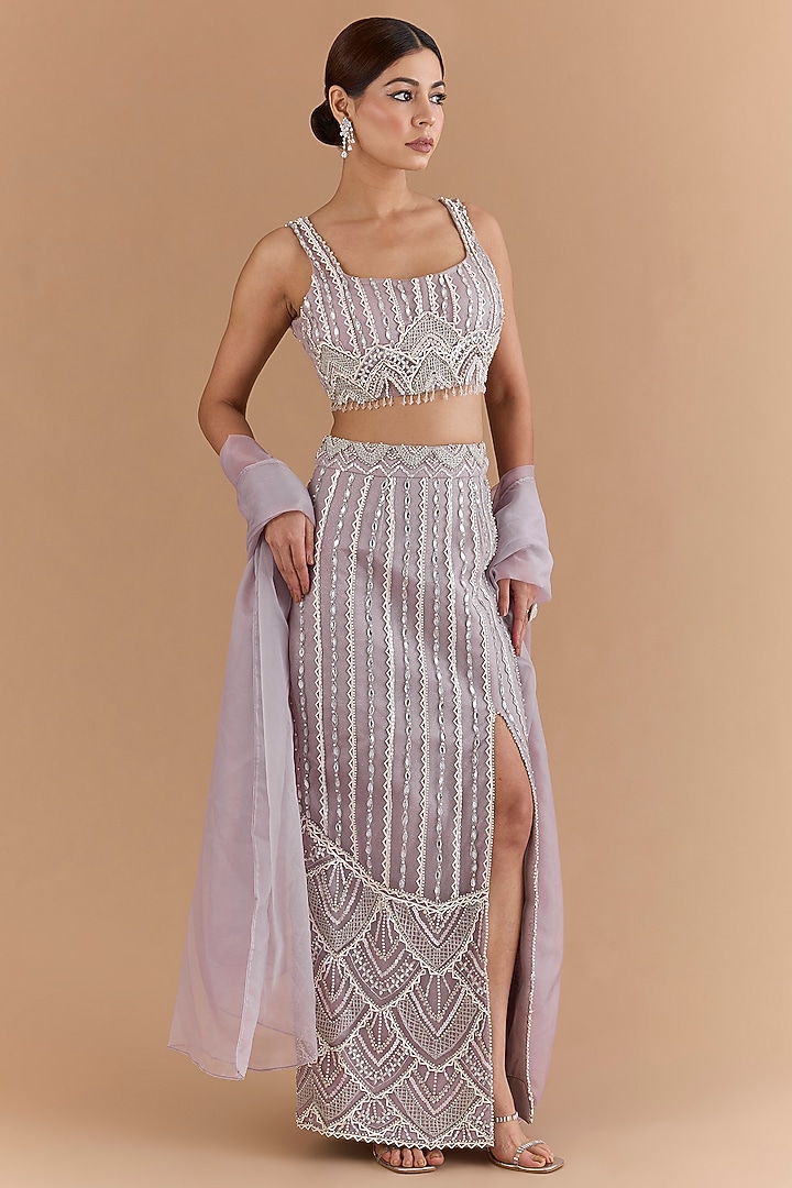 Lavender Net & Satin Hand Embroidered Skirt Set by Mansi Malhotra at Pernia's Pop Up Shop