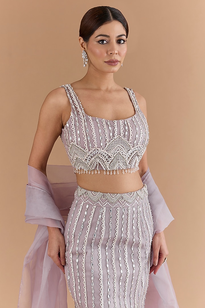 Lavender Net & Satin Hand Embroidered Skirt Set by Mansi Malhotra at Pernia's Pop Up Shop