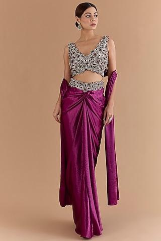 Purple Satin Draped Skirt Set by Mansi Malhotra