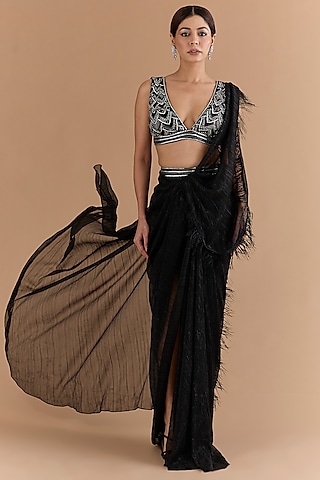 Black Tulle & Net Concept Saree Set by Mansi Malhotra