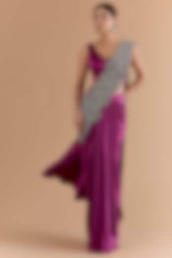 Purple Satin & Net Hand Embellished Draped Wedding Saree Set by Mansi Malhotra at Pernia's Pop Up Shop