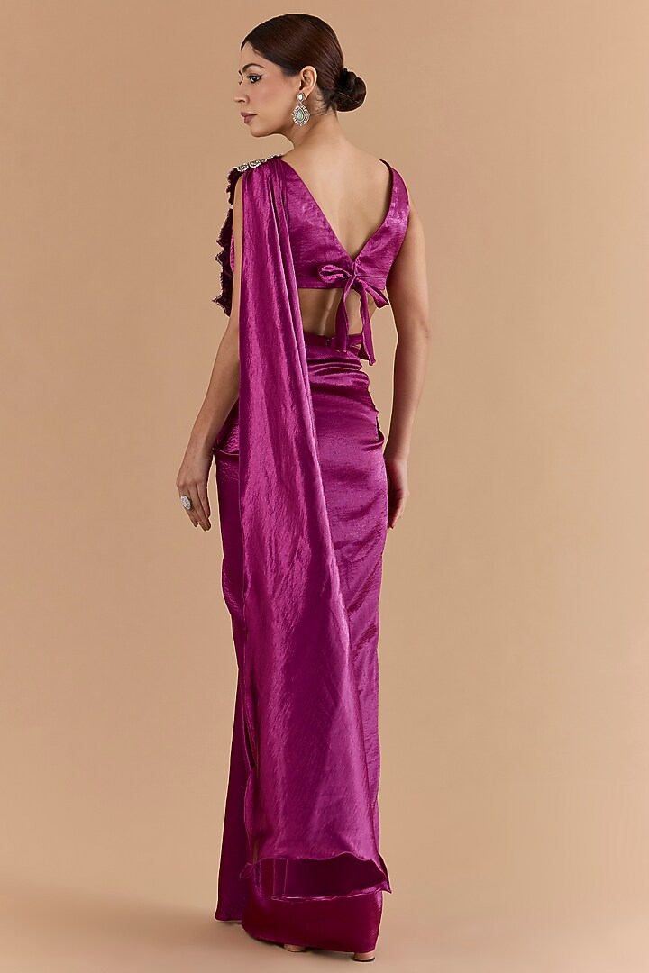 Purple Satin & Net Hand Embellished Draped Wedding Saree Set by Mansi Malhotra at Pernia's Pop Up Shop