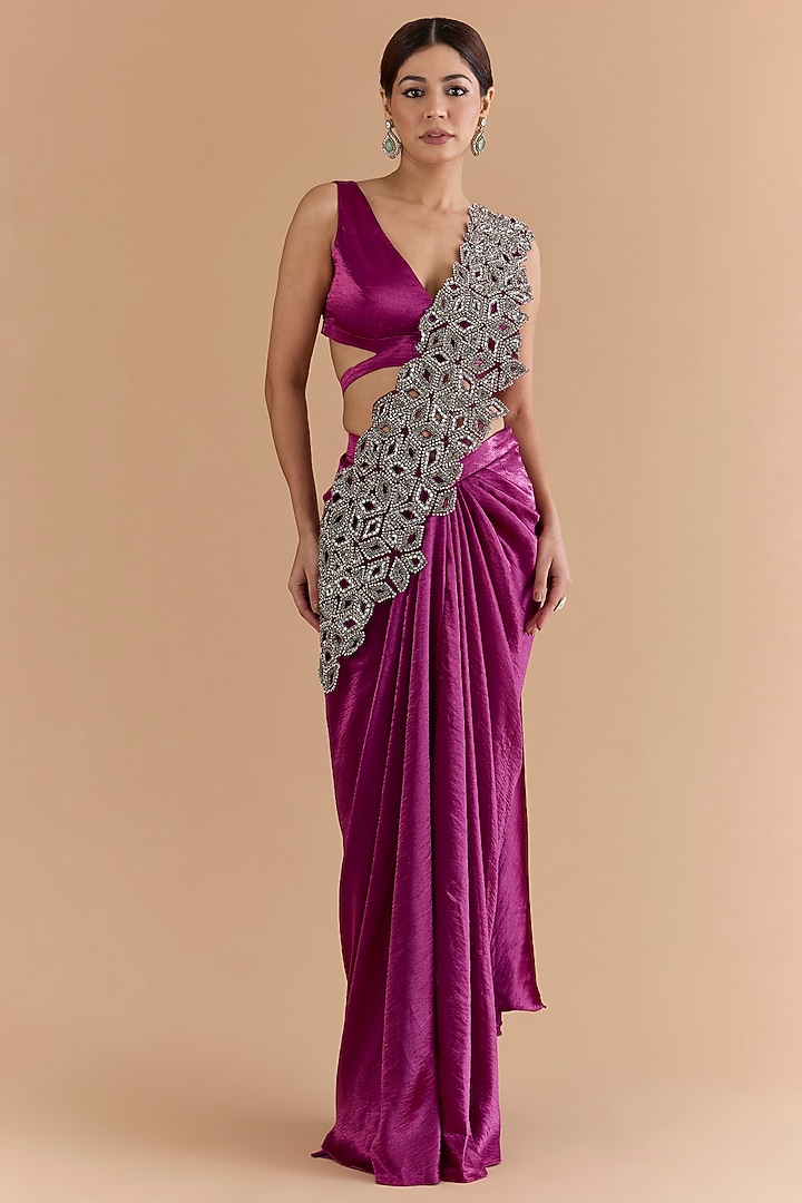 Purple Satin & Net Hand Embellished Draped Wedding Saree Set by Mansi Malhotra at Pernia's Pop Up Shop