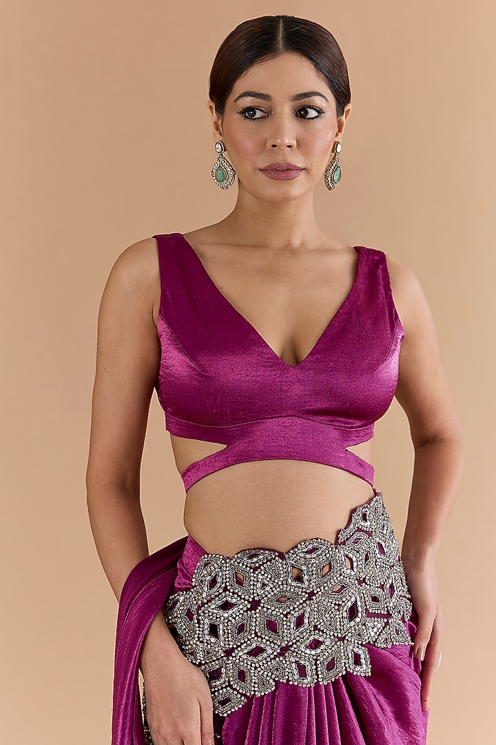 Purple Satin & Net Hand Embellished Draped Wedding Saree Set by Mansi Malhotra at Pernia's Pop Up Shop