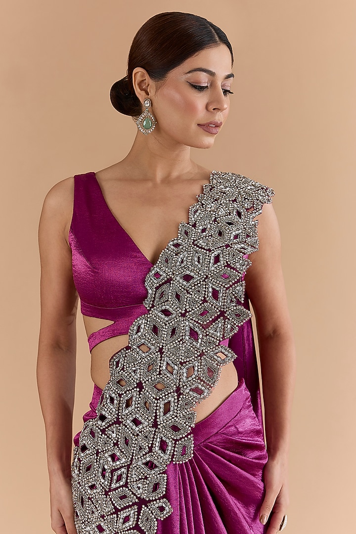 Purple Satin & Net Hand Embellished Draped Wedding Saree Set by Mansi Malhotra at Pernia's Pop Up Shop