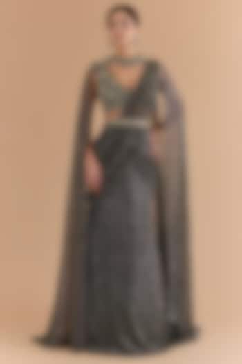 Black Tulle & Net Hand Embroidered Wedding Lehenga Saree Set by Mansi Malhotra at Pernia's Pop Up Shop