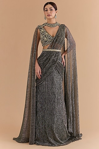 Black Tulle & Net Hand Embroidered Lehenga Saree Set by Mansi Malhotra