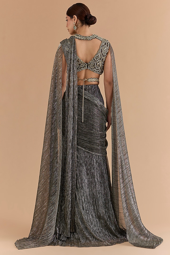 Black Tulle & Net Hand Embroidered Wedding Lehenga Saree Set by Mansi Malhotra at Pernia's Pop Up Shop
