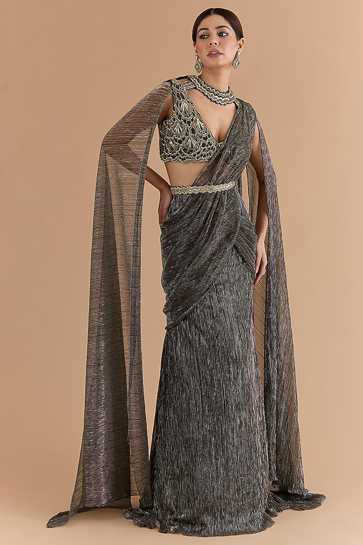 Black Tulle & Net Hand Embroidered Wedding Lehenga Saree Set by Mansi Malhotra at Pernia's Pop Up Shop