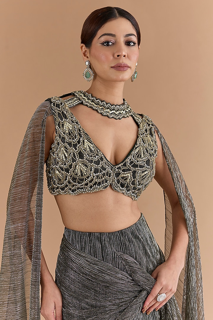 Black Tulle & Net Hand Embroidered Wedding Lehenga Saree Set by Mansi Malhotra at Pernia's Pop Up Shop