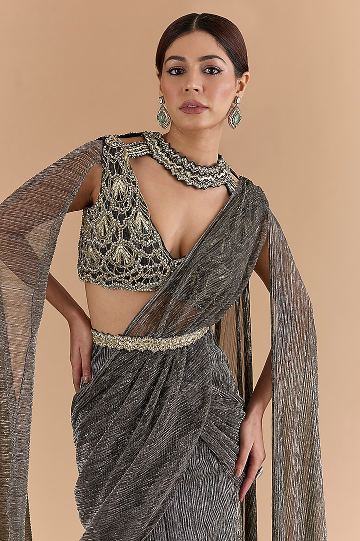Black Tulle & Net Hand Embroidered Wedding Lehenga Saree Set by Mansi Malhotra at Pernia's Pop Up Shop