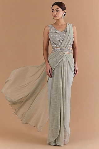 Silver Tulle & Net Draped Saree Set by Mansi Malhotra