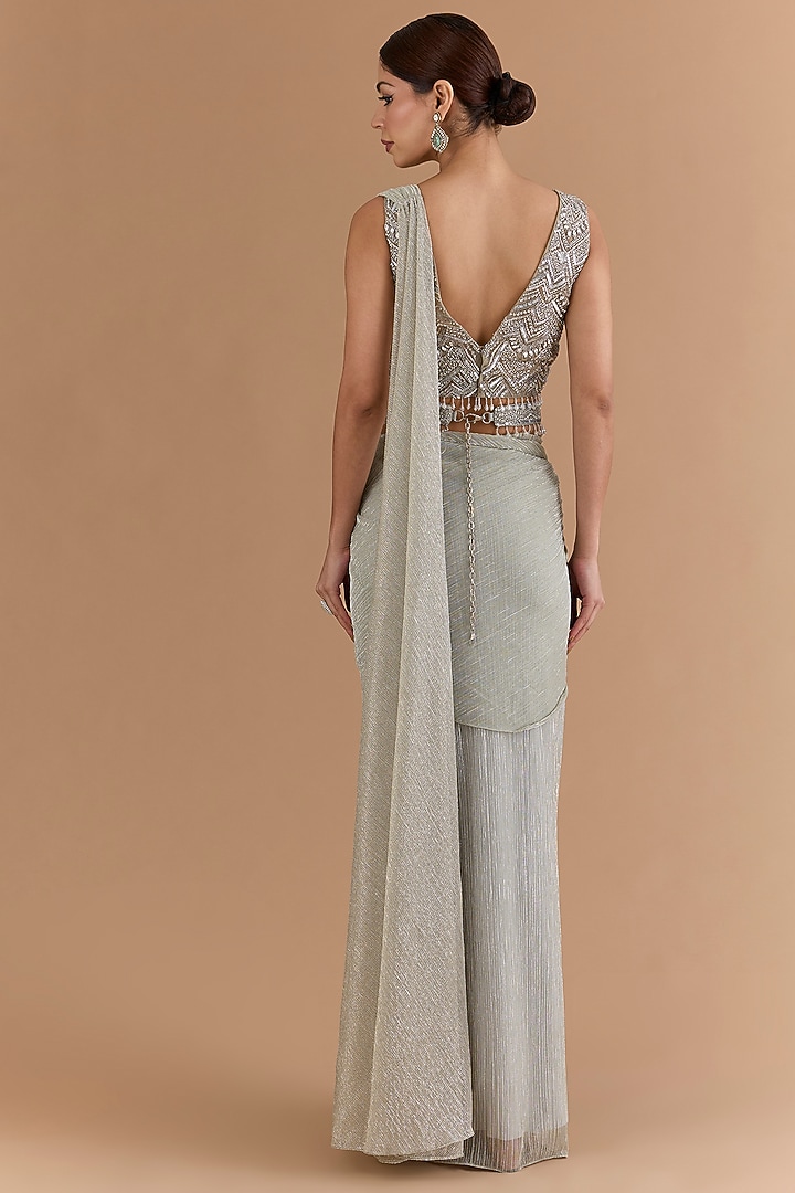 Silver Tulle & Net Draped Wedding Saree Set by Mansi Malhotra at Pernia's Pop Up Shop