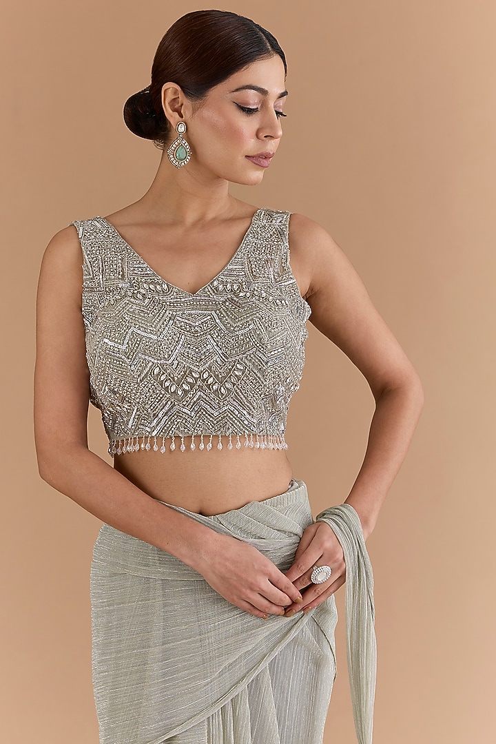 Silver Tulle & Net Draped Wedding Saree Set by Mansi Malhotra at Pernia's Pop Up Shop
