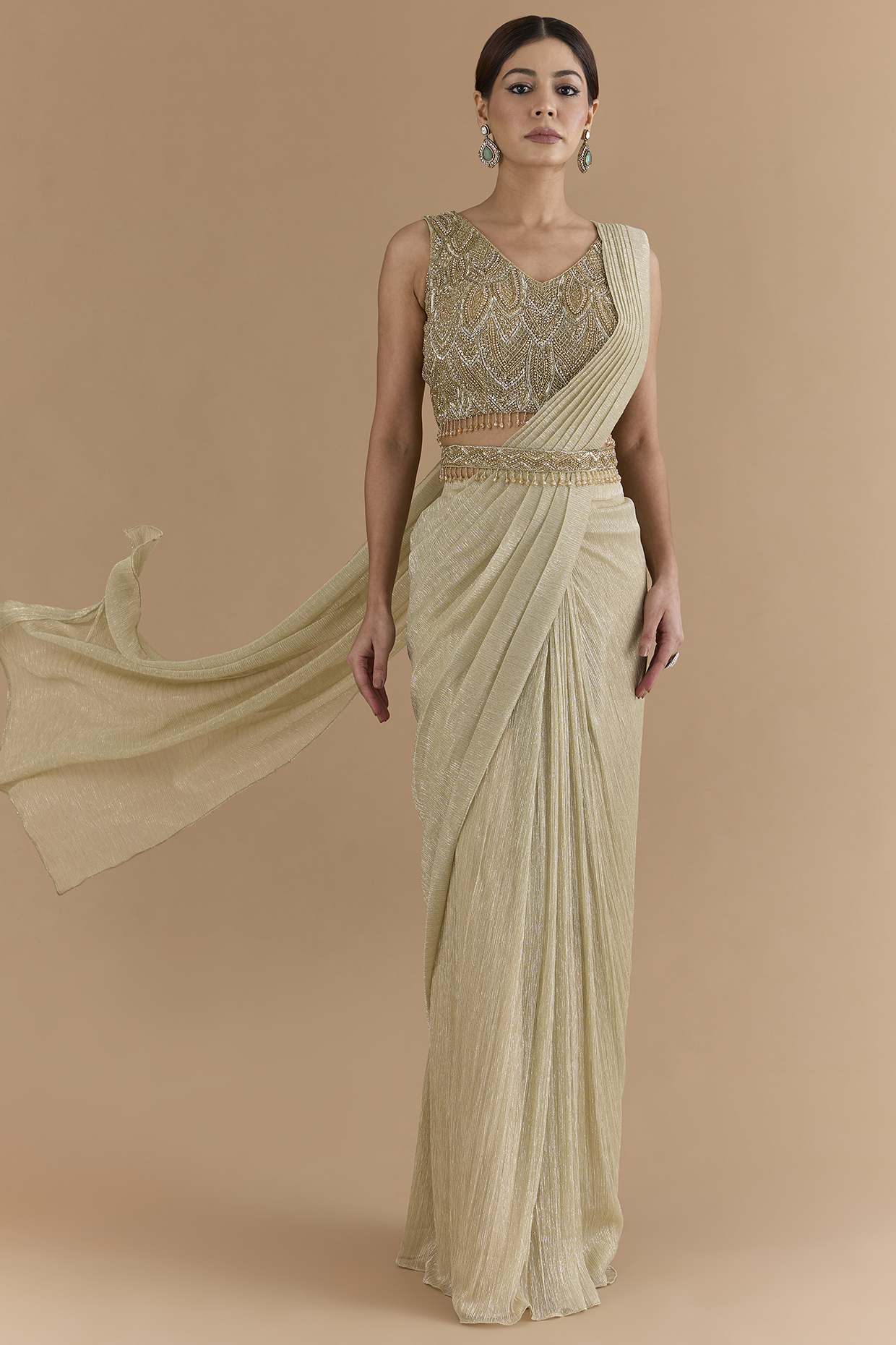 Gold Tulle & Net Draped Wedding Saree Set by Mansi Malhotra at Pernia's Pop Up Shop