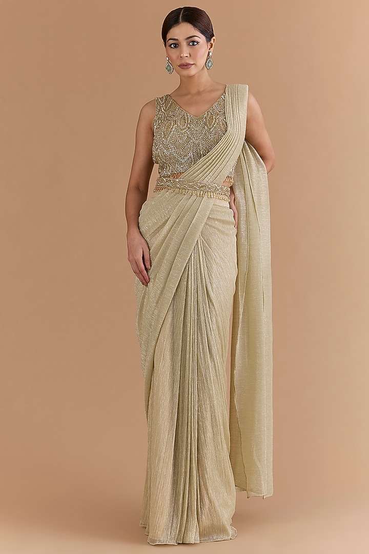 Gold Tulle & Net Draped Wedding Saree Set by Mansi Malhotra at Pernia's Pop Up Shop
