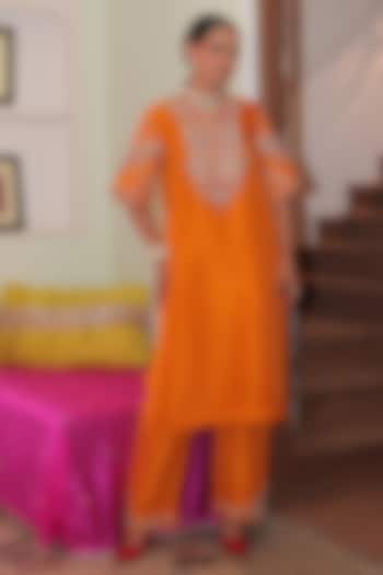 Rust Orange Organza Zardozi Embroidered Kurta Set by MANTHAN at Pernia's Pop Up Shop