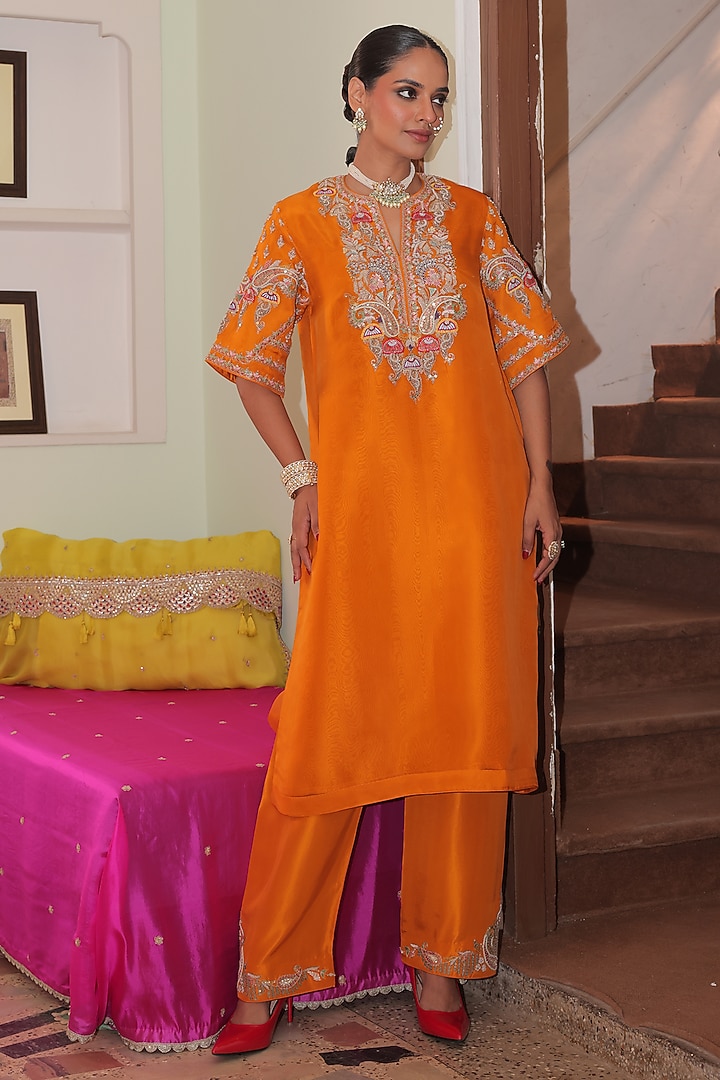 Rust Orange Organza Zardozi Embroidered Kurta Set by MANTHAN at Pernia's Pop Up Shop