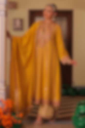 Mustard Yellow Silk Marodi Embroidered Kali Kurta Set by MANTHAN at Pernia's Pop Up Shop