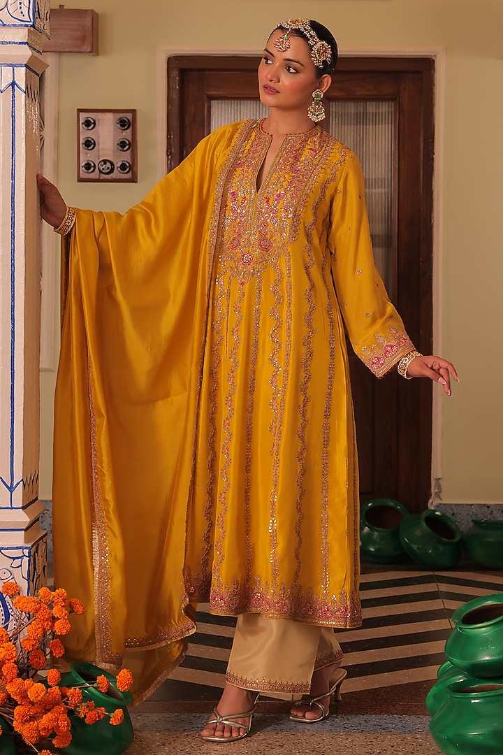 Mustard Yellow Silk Marodi Embroidered Kali Kurta Set by MANTHAN at Pernia's Pop Up Shop
