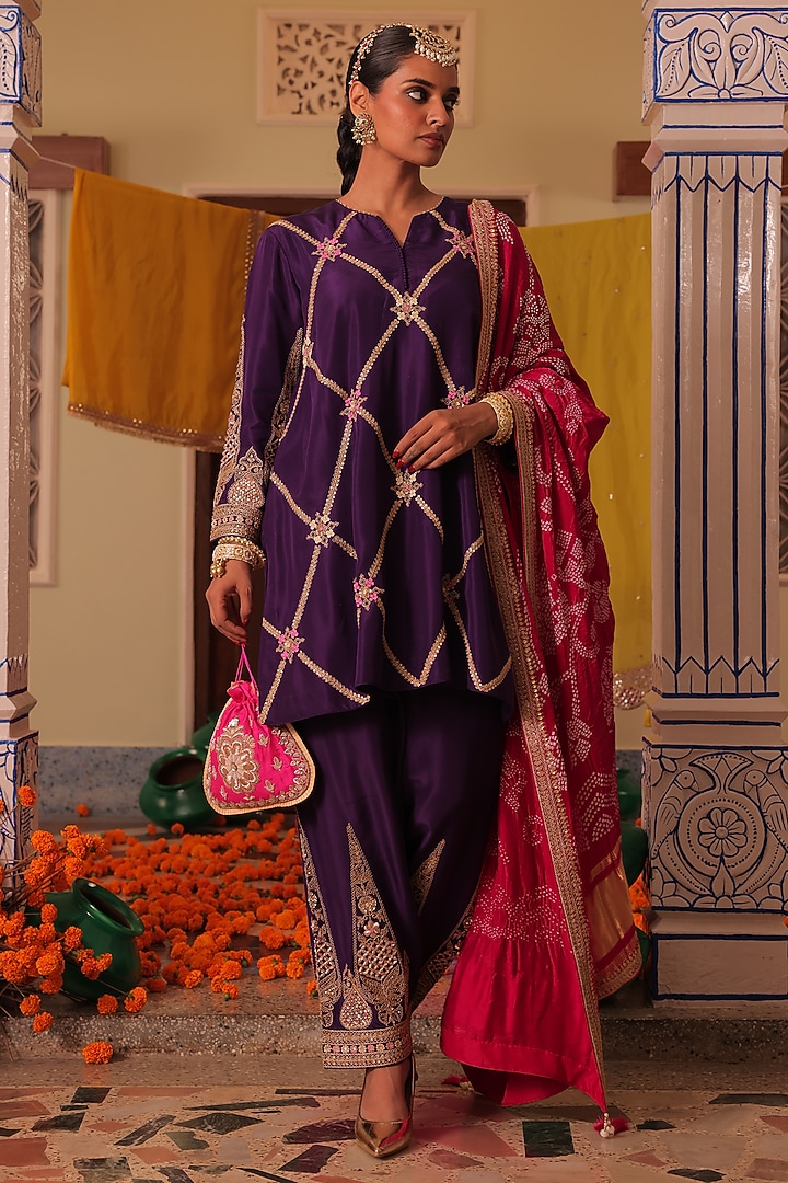 Purple Silk Marodi Embroidered Kurta Set by MANTHAN at Pernia's Pop Up Shop