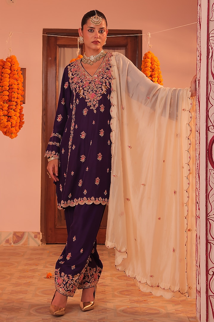 Purple Silk Marodi Embroidered Kurta Set by MANTHAN at Pernia's Pop Up Shop
