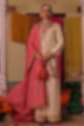 Ecru Silk Marodi Dori Embroidered Kurta Set by MANTHAN at Pernia's Pop Up Shop