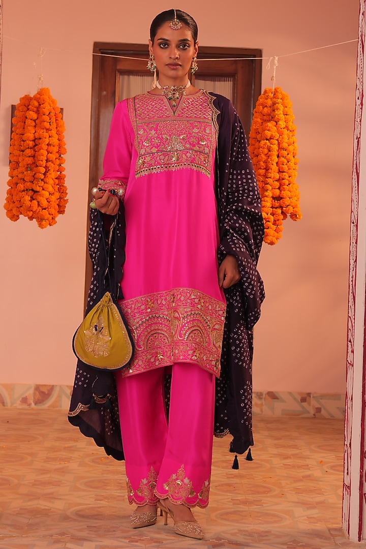 Pink Silk Marodi Dori Embroidered Kurta Set by MANTHAN at Pernia's Pop Up Shop