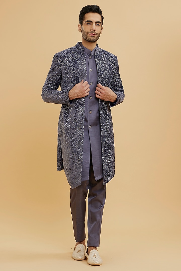 Grey Velvet Embroidered Indowestern Set by Twamev