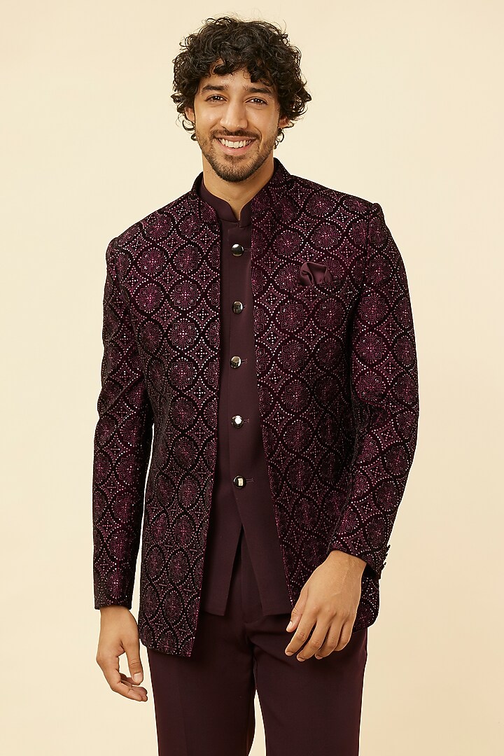 Wine Blended Rayon Embroidered Wedding Indowestern Set by Twamev at Pernia's Pop Up Shop