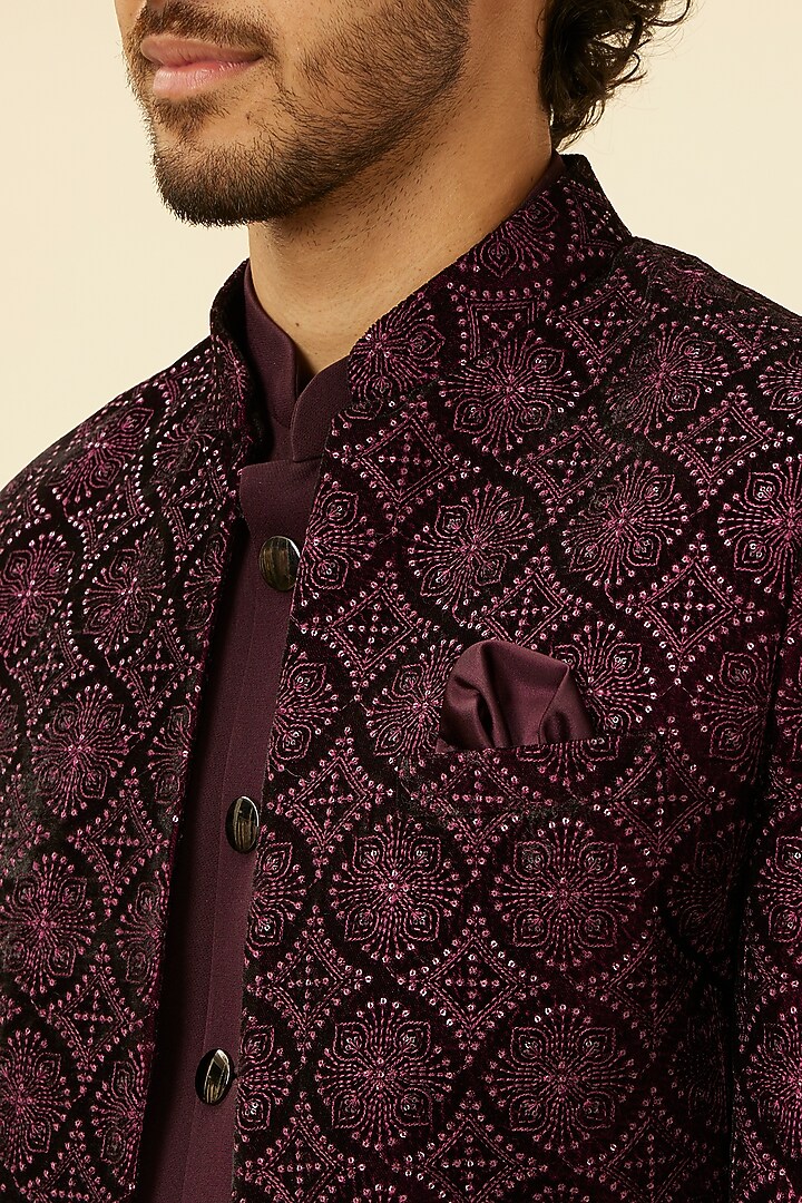 Wine Blended Rayon Embroidered Wedding Indowestern Set by Twamev at Pernia's Pop Up Shop