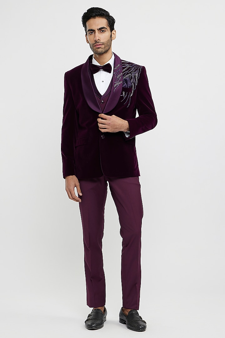 Wine Velvet Hand Embroidered Blazer Set by Twamev