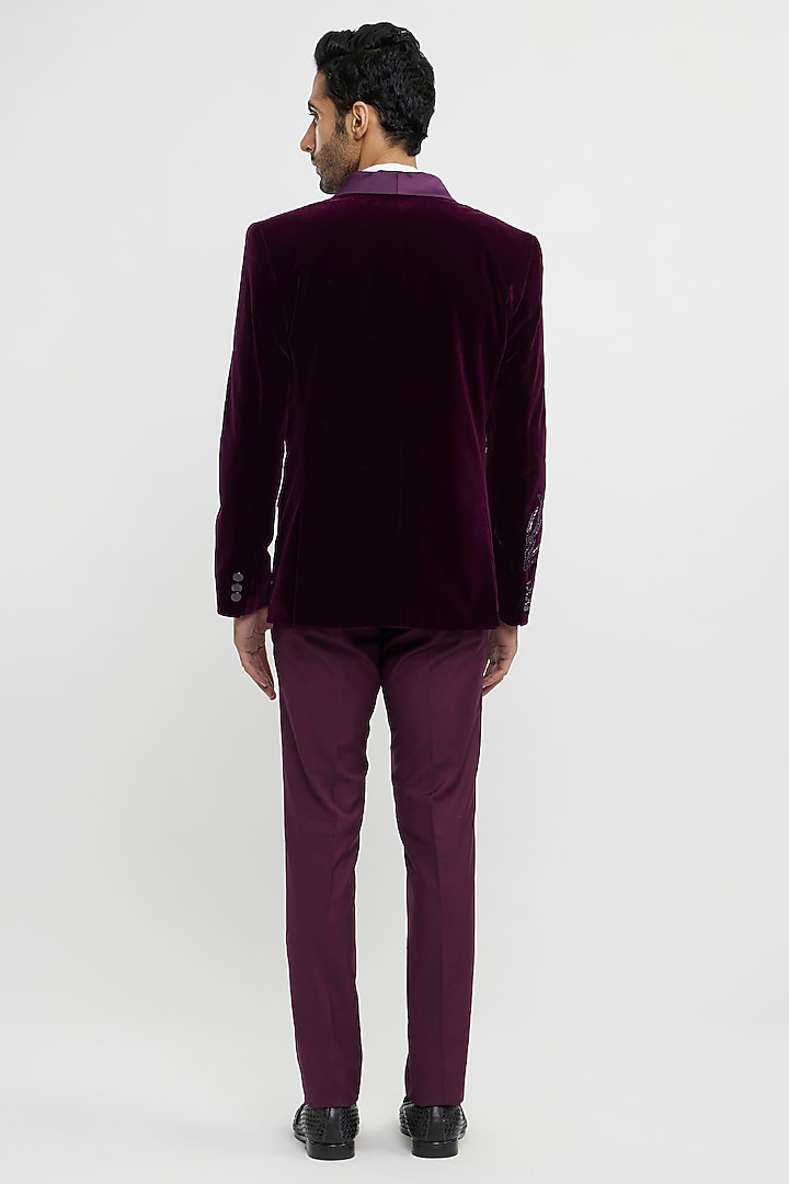 Wine Velvet Hand Embroidered Blazer Set by Twamev at Pernia's Pop Up Shop