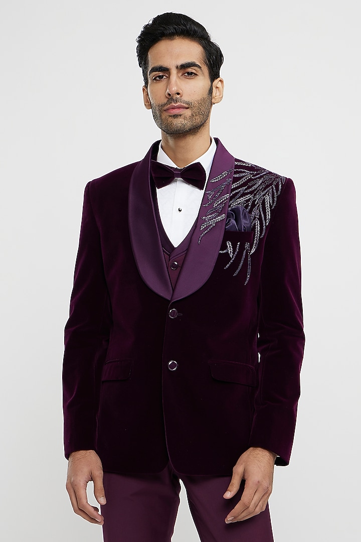 Wine Velvet Hand Embroidered Blazer Set by Twamev at Pernia's Pop Up Shop