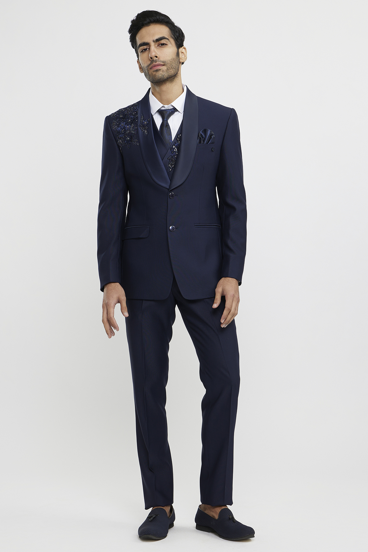 French Navy Blue Blended Rayon Hand Embroidered Blazer Set by Twamev