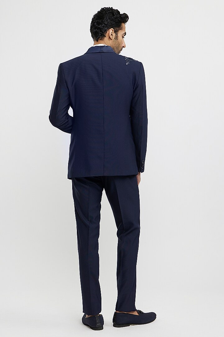 French Navy Blue Blended Rayon Hand Embroidered Blazer Set by Twamev at Pernia's Pop Up Shop