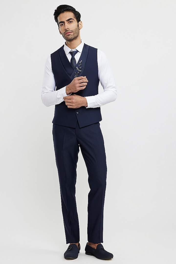 French Navy Blue Blended Rayon Hand Embroidered Blazer Set by Twamev at Pernia's Pop Up Shop