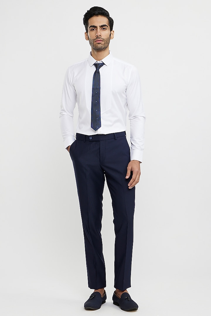 French Navy Blue Blended Rayon Hand Embroidered Blazer Set by Twamev at Pernia's Pop Up Shop