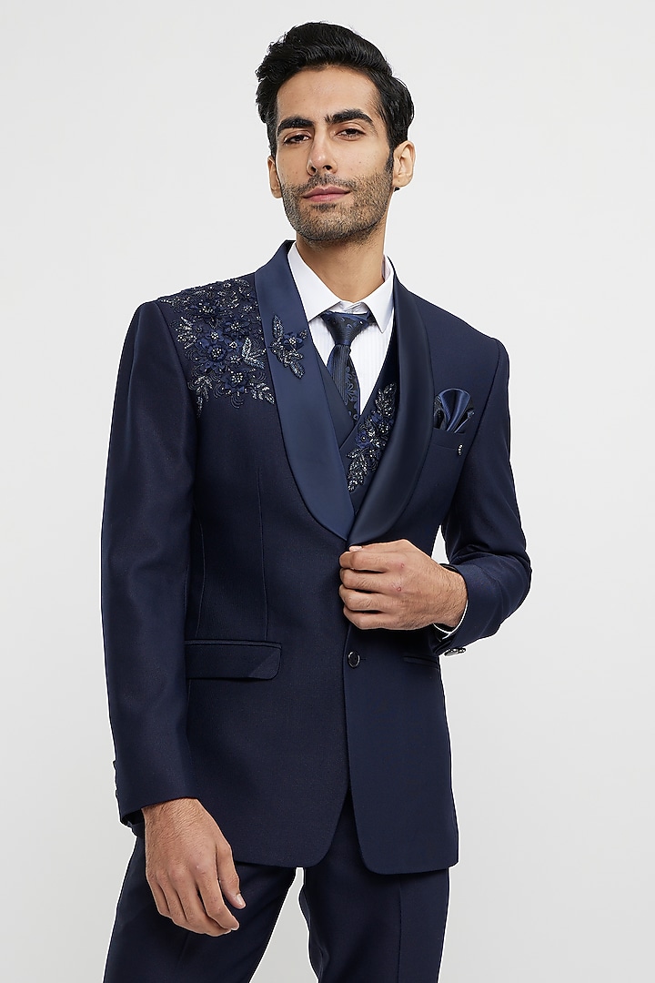 French Navy Blue Blended Rayon Hand Embroidered Blazer Set by Twamev at Pernia's Pop Up Shop