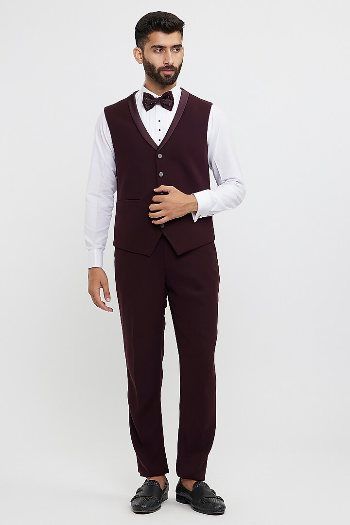 Wine Blended Rayon Hand Embroidered Blazer Set by Twamev at Pernia's Pop Up Shop