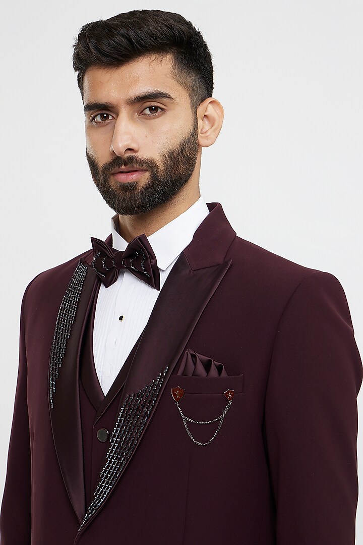 Wine Blended Rayon Hand Embroidered Blazer Set by Twamev at Pernia's Pop Up Shop