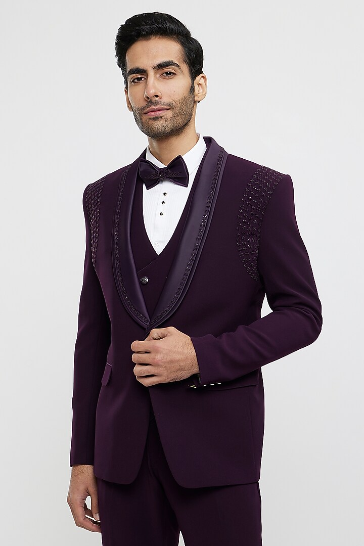 Wine Blended Rayon Rhinestone Embellished Blazer Set by Twamev at Pernia's Pop Up Shop