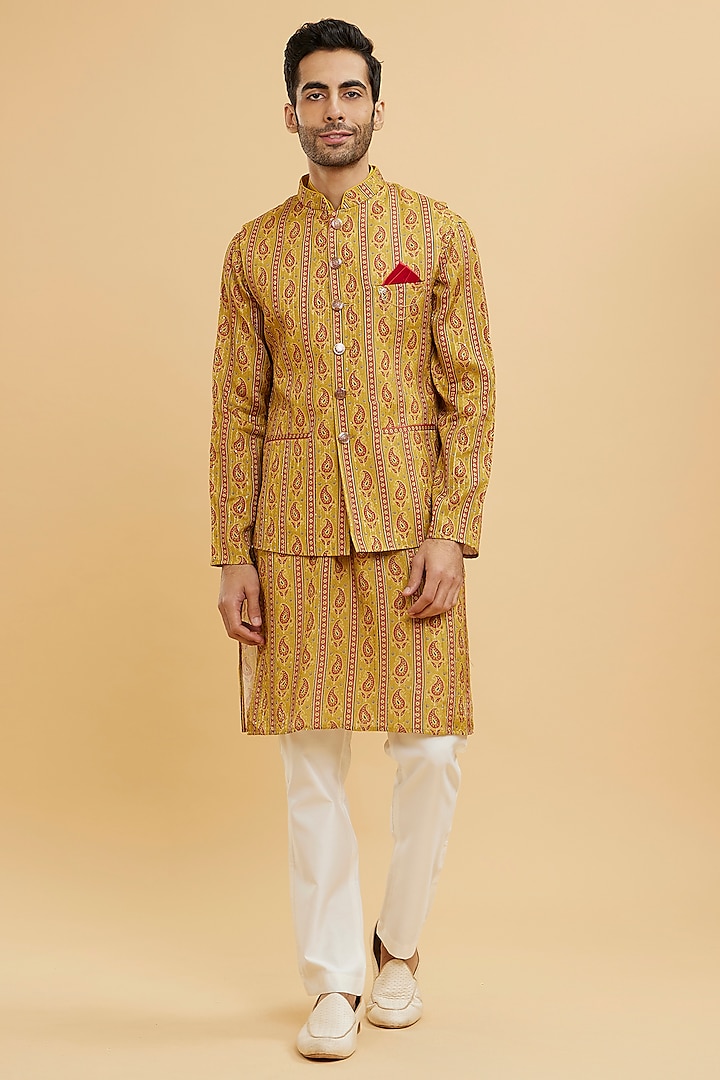 Mustard Yellow Chiffon Digital Printed & Embroidered Nehru Jacket Set by Twamev