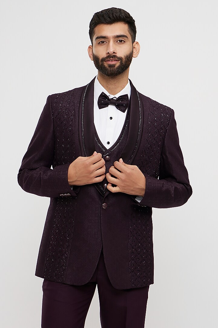 Purple Blended Rayon Hand Embroidered Blazer Set by Twamev at Pernia's Pop Up Shop